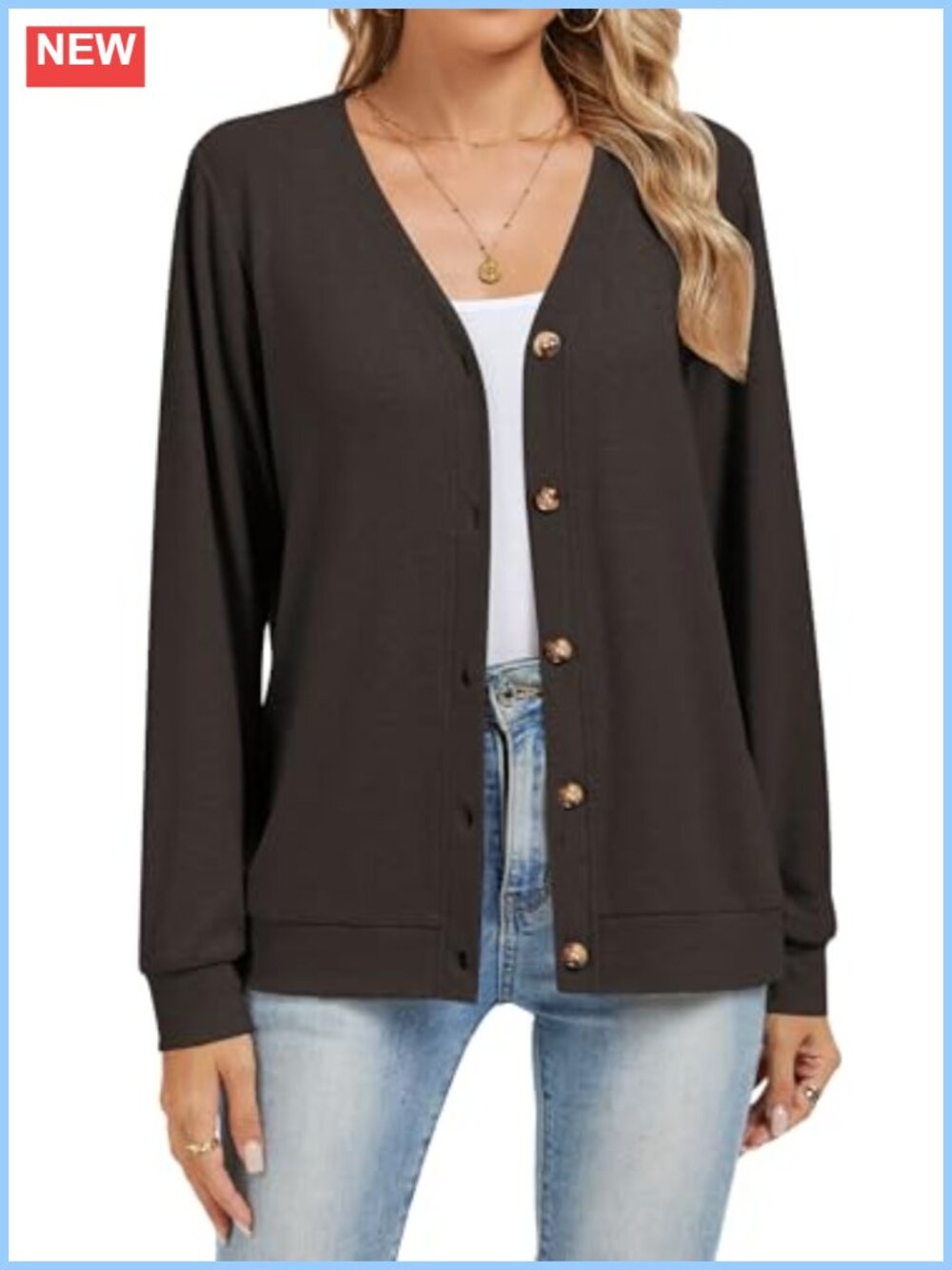 Midweight Button Front Cardigan Sweater Long Sleeve V-Neck Knit Top